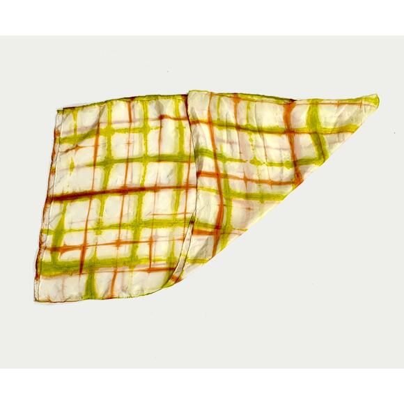 Tie Dyed Silk Extra Long Scarf Lime Green Orange Shibori Geometric - Picture 5 of 11